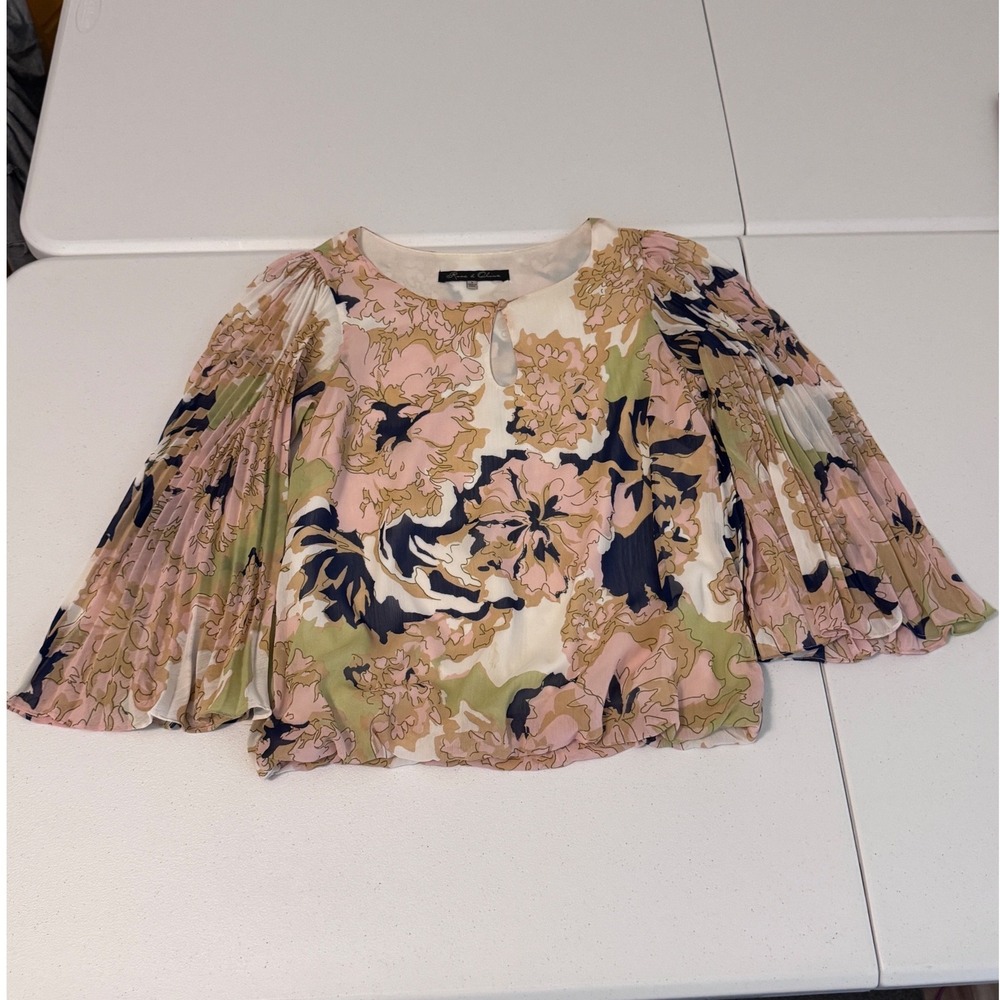 Rose & Olive Floral Pleated Bell Sleeve Blouse Boho Keyhole Top Small Pink Green - Picture 2 of 7